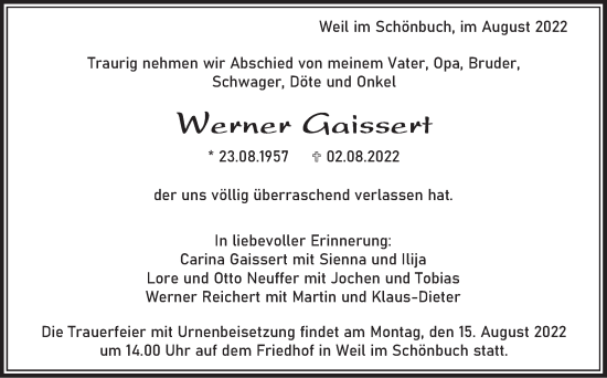 Traueranzeige von Werner Gaissert von Leonberger Kreiszeitung / Strohgäu Extra