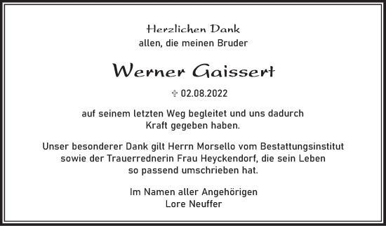 Traueranzeige von Werner Gaissert von Leonberger Kreiszeitung / Strohgäu Extra