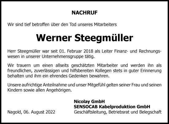 Traueranzeige von Werner Steegmüller von Leonberger Kreiszeitung / Strohgäu Extra