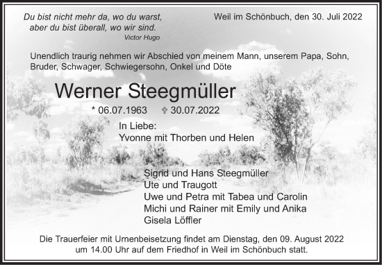 Traueranzeige von Werner Steegmüller von Leonberger Kreiszeitung / Strohgäu Extra