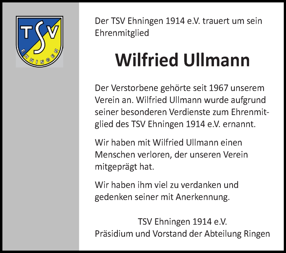  Traueranzeige für Wilfried Ullmann vom 04.08.2022 aus Leonberger Kreiszeitung / Strohgäu Extra