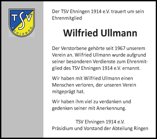 Traueranzeige von Wilfried Ullmann von Leonberger Kreiszeitung / Strohgäu Extra