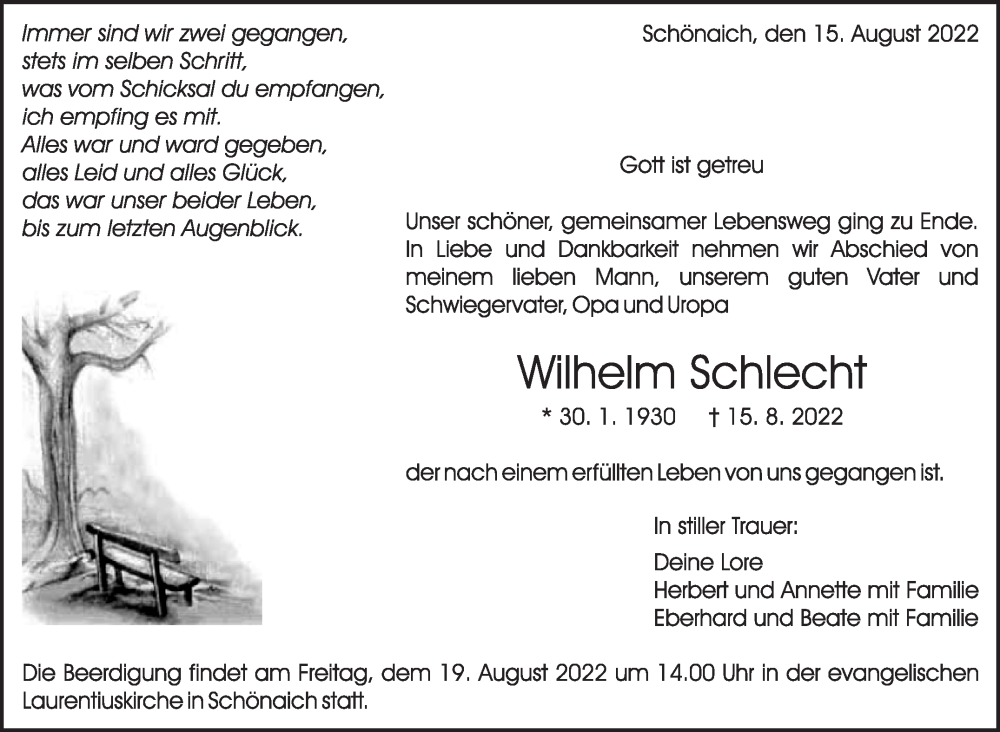  Traueranzeige für Wilhelm Schlecht vom 18.08.2022 aus Leonberger Kreiszeitung / Strohgäu Extra