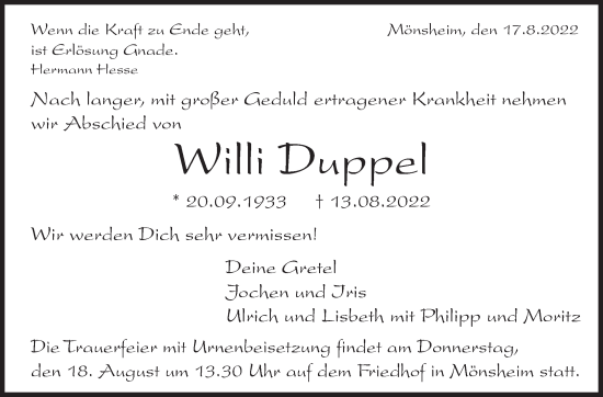 Traueranzeige von Willi Duppel von Leonberger Kreiszeitung / Strohgäu Extra