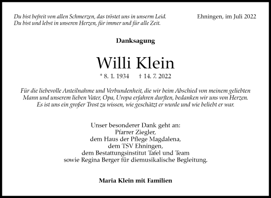 Traueranzeige von Willi Klein von Leonberger Kreiszeitung / Strohgäu Extra