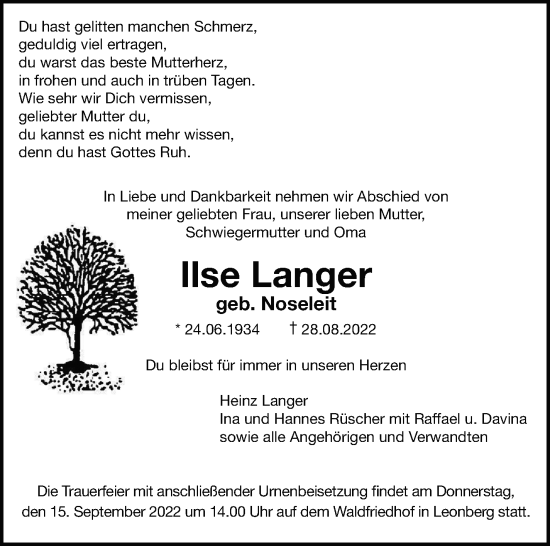 Traueranzeige von Ilse Langer von Leonberger Kreiszeitung / Strohgäu Extra