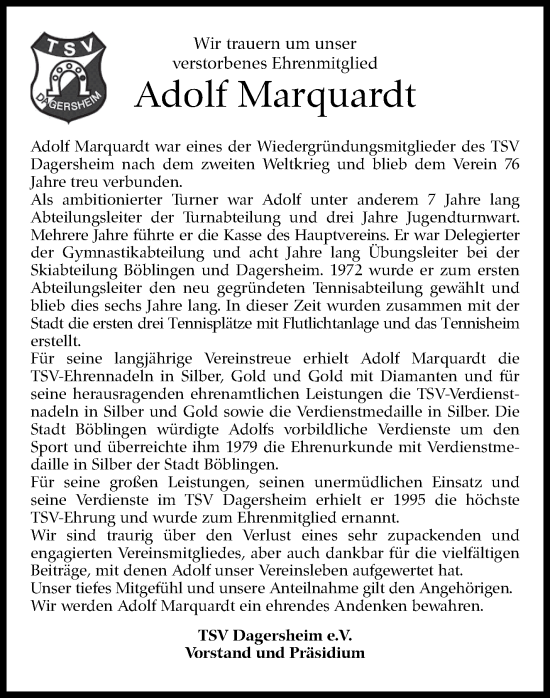 Traueranzeige von Adolf Marquardt von Leonberger Kreiszeitung / Strohgäu Extra