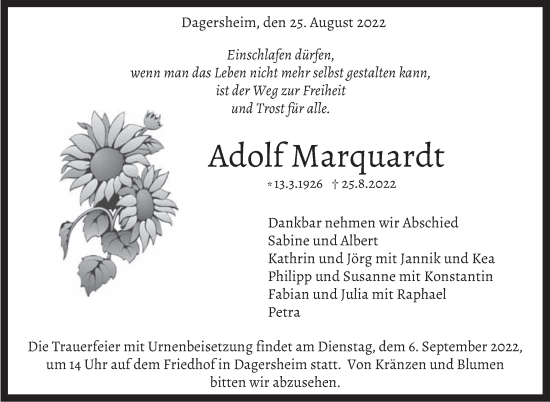 Traueranzeige von Adolf Marquardt von Leonberger Kreiszeitung / Strohgäu Extra