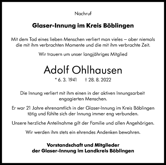 Traueranzeige von Adolf Ohlhausen von Leonberger Kreiszeitung / Strohgäu Extra