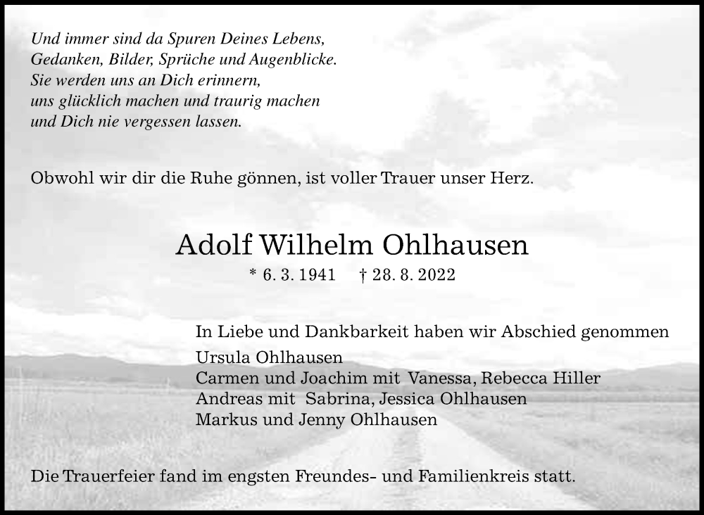  Traueranzeige für Adolf Wilhelm Ohlhausen vom 08.09.2022 aus Leonberger Kreiszeitung / Strohgäu Extra