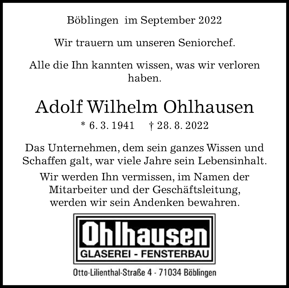  Traueranzeige für Adolf Wilhelm Ohlhausen vom 08.09.2022 aus Leonberger Kreiszeitung / Strohgäu Extra