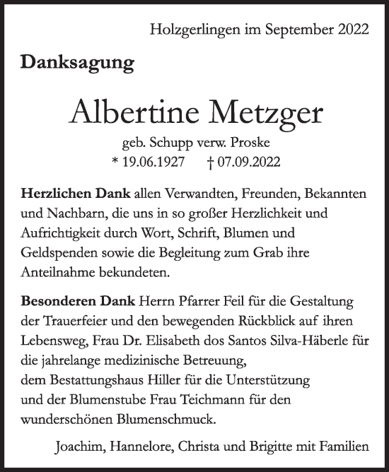Traueranzeige von Albertine Metzger von Leonberger Kreiszeitung / Strohgäu Extra