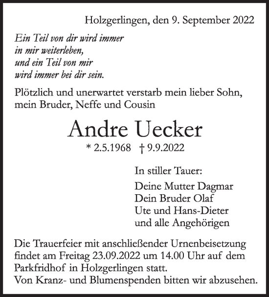 Traueranzeige von Andre Uecker von Leonberger Kreiszeitung / Strohgäu Extra