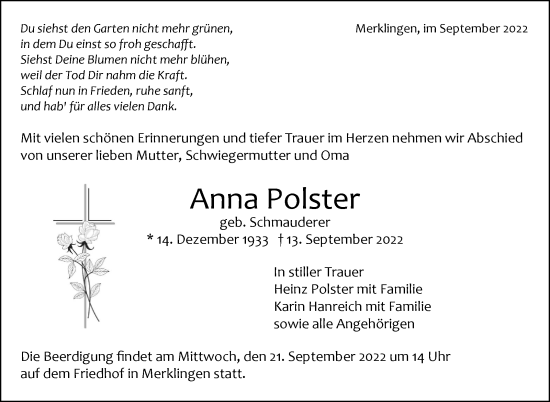 Traueranzeige von Anna Polster von Leonberger Kreiszeitung / Strohgäu Extra