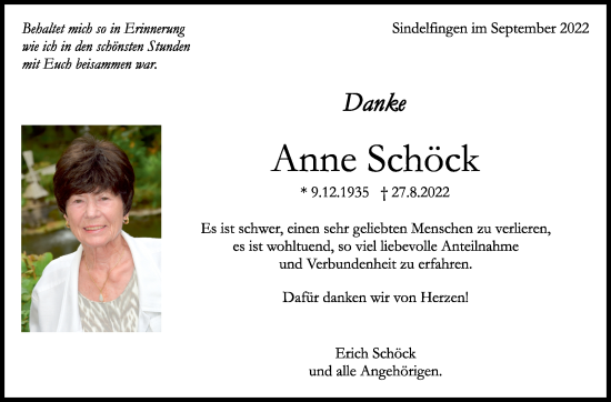Traueranzeige von Anne Schöck von Leonberger Kreiszeitung / Strohgäu Extra