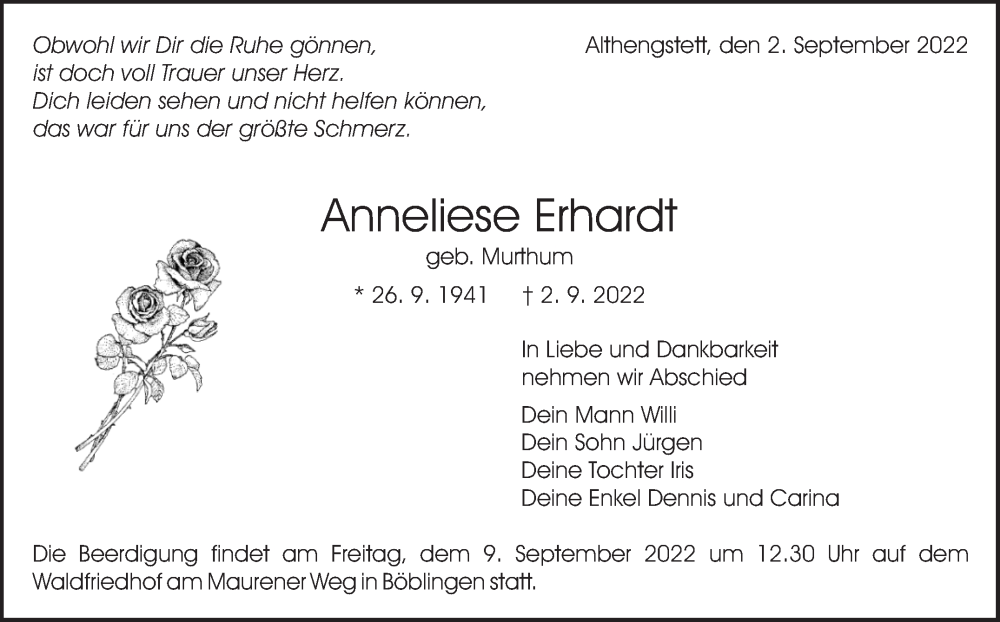  Traueranzeige für Anneliese Erhardt vom 07.09.2022 aus Leonberger Kreiszeitung / Strohgäu Extra