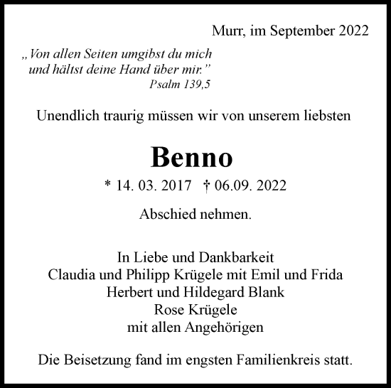 Traueranzeige von Benno  von Leonberger Kreiszeitung / Strohgäu Extra