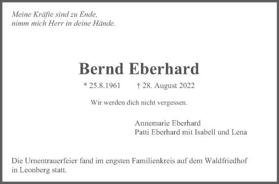 Traueranzeige von Bernd Eberhard von Leonberger Kreiszeitung / Strohgäu Extra