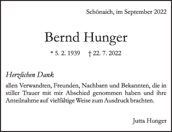 Traueranzeige von Bernd Hunger von Leonberger Kreiszeitung / Strohgäu Extra