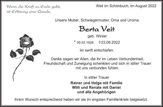 Traueranzeige von Berta Veit von Leonberger Kreiszeitung / Strohgäu Extra