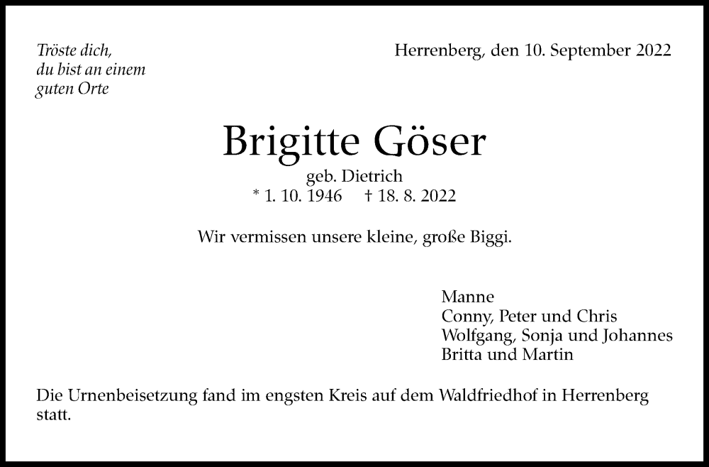  Traueranzeige für Brigitte Göser vom 10.09.2022 aus Leonberger Kreiszeitung / Strohgäu Extra