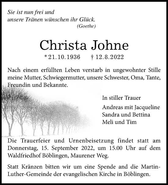 Traueranzeige von Christa Johne von Leonberger Kreiszeitung / Strohgäu Extra