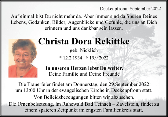 Traueranzeige von Christa Dora Rekittke von Leonberger Kreiszeitung / Strohgäu Extra