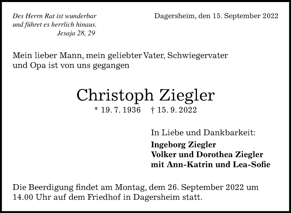  Traueranzeige für Christoph Ziegler vom 20.09.2022 aus Leonberger Kreiszeitung / Strohgäu Extra