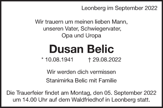 Traueranzeige von Dusan Belic von Leonberger Kreiszeitung / Strohgäu Extra