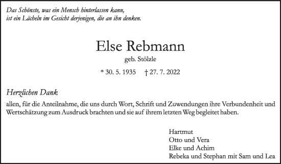 Traueranzeige von Else Rebmann von Leonberger Kreiszeitung / Strohgäu Extra