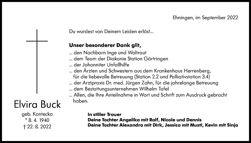  Traueranzeige für Elvira Buck vom 12.09.2022 aus Leonberger Kreiszeitung / Strohgäu Extra