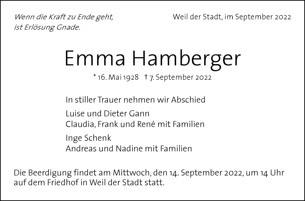  Traueranzeige für Emma Hamberger vom 14.09.2022 aus Leonberger Kreiszeitung / Strohgäu Extra
