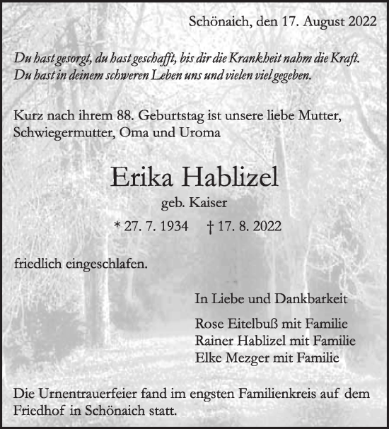 Traueranzeige von Erika Hablizel von Leonberger Kreiszeitung / Strohgäu Extra