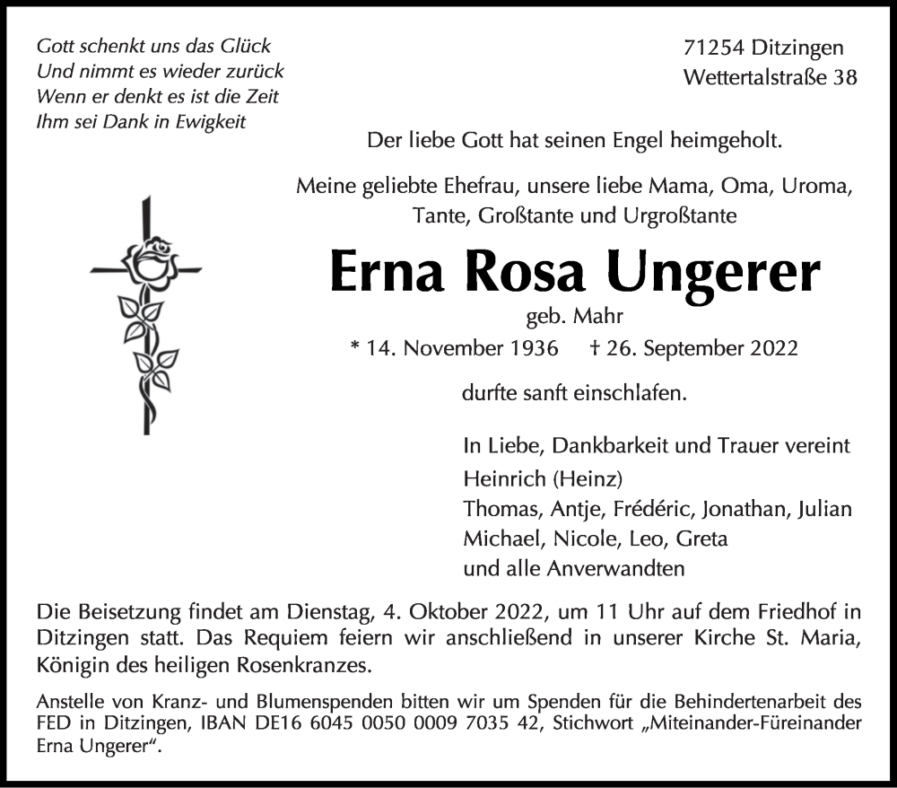  Traueranzeige für Erna Rosa Ungerer vom 30.09.2022 aus Leonberger Kreiszeitung / Strohgäu Extra