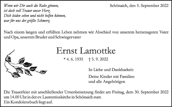 Traueranzeige von Ernst Lamottke von Leonberger Kreiszeitung / Strohgäu Extra