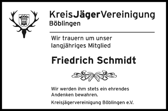 Traueranzeige von Friedrich Schmidt von Leonberger Kreiszeitung / Strohgäu Extra