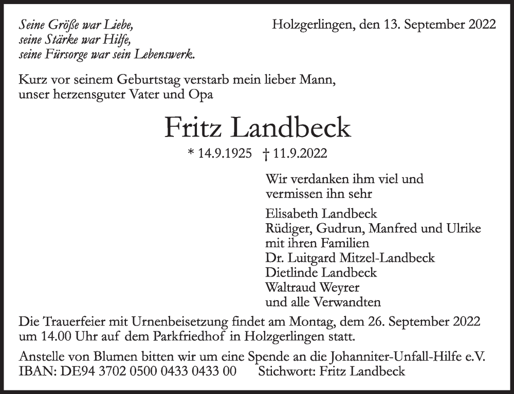  Traueranzeige für Fritz Landbeck vom 20.09.2022 aus Leonberger Kreiszeitung / Strohgäu Extra