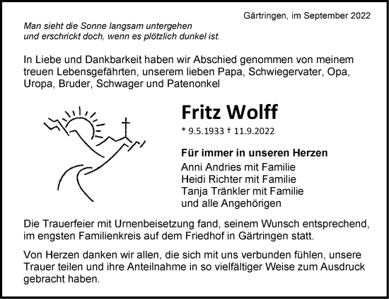 Traueranzeige von Fritz Wolff von Leonberger Kreiszeitung / Strohgäu Extra