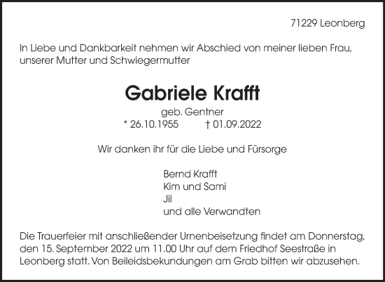 Traueranzeige von Gabriele Krafft von Leonberger Kreiszeitung / Strohgäu Extra