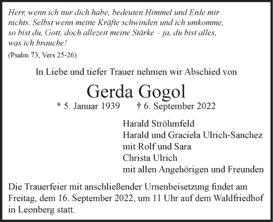 Traueranzeige von Gerda Gogol von Leonberger Kreiszeitung / Strohgäu Extra