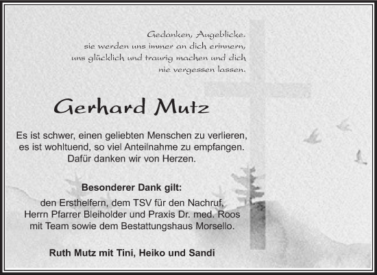 Traueranzeige von Gerhard Mutz von Leonberger Kreiszeitung / Strohgäu Extra