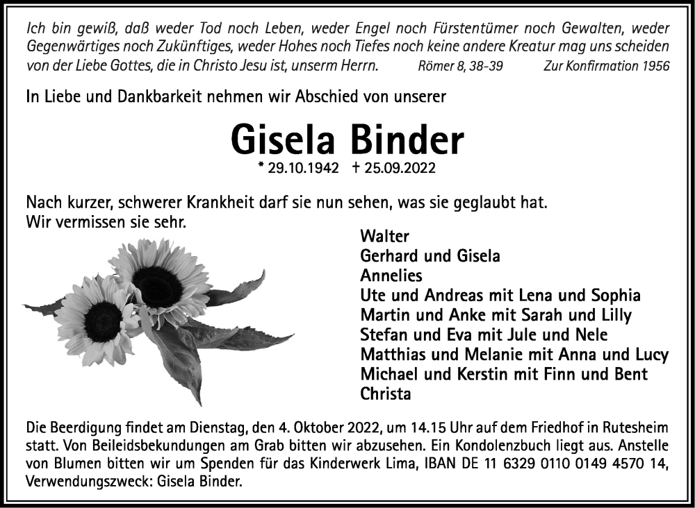  Traueranzeige für Gisela Binder vom 30.09.2022 aus Leonberger Kreiszeitung / Strohgäu Extra