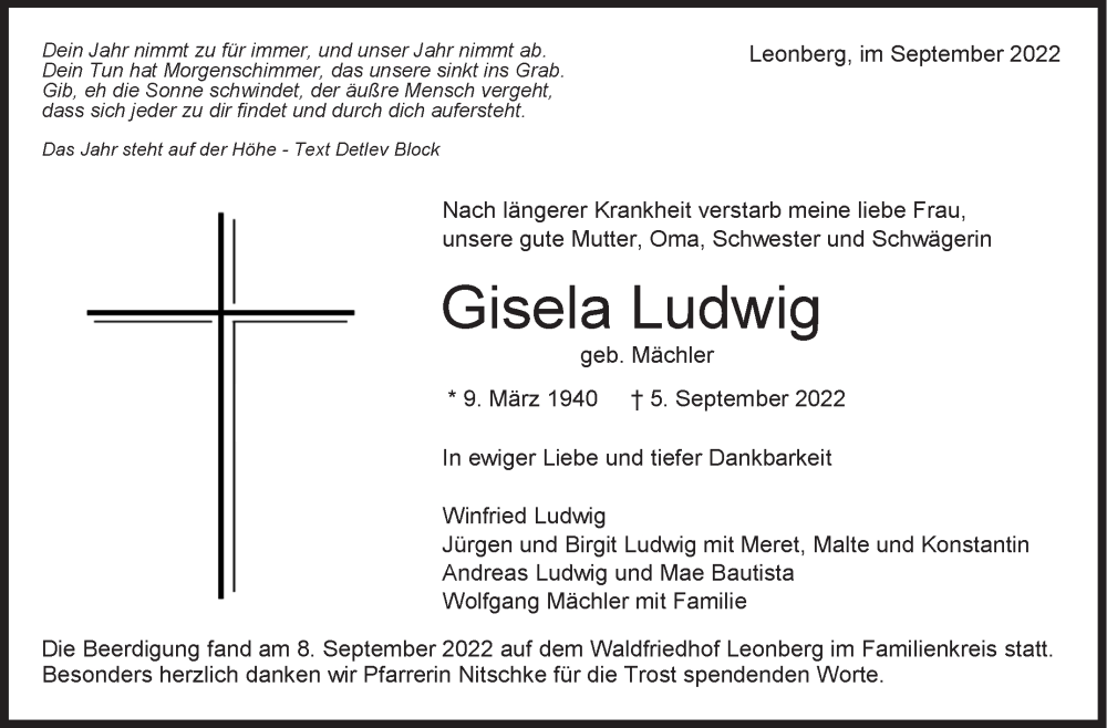  Traueranzeige für Gisela Ludwig vom 14.09.2022 aus Leonberger Kreiszeitung / Strohgäu Extra