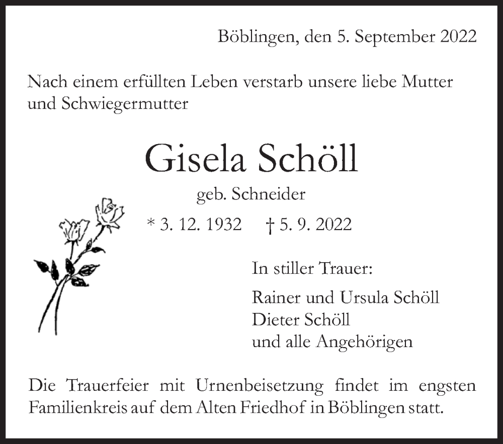  Traueranzeige für Gisela Schöll vom 09.09.2022 aus Leonberger Kreiszeitung / Strohgäu Extra
