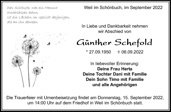 Traueranzeige von Günther Schefold von Leonberger Kreiszeitung / Strohgäu Extra