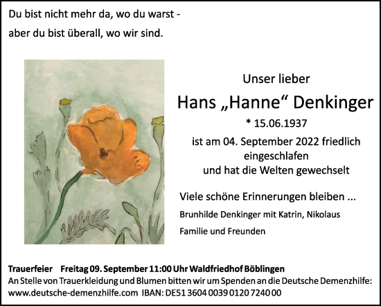 Traueranzeige von Hans Denkinger von Leonberger Kreiszeitung / Strohgäu Extra