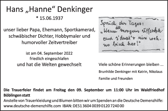 Traueranzeige von Hans Denkinger von Leonberger Kreiszeitung / Strohgäu Extra