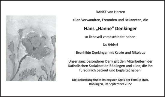 Traueranzeige von Hans Denkinger von Leonberger Kreiszeitung / Strohgäu Extra