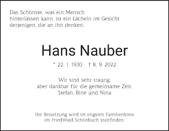 Traueranzeige von Hans Nauber von Leonberger Kreiszeitung / Strohgäu Extra
