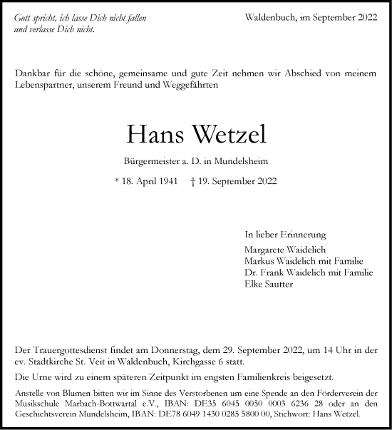 Traueranzeige von Hans Wetzel von Leonberger Kreiszeitung / Strohgäu Extra